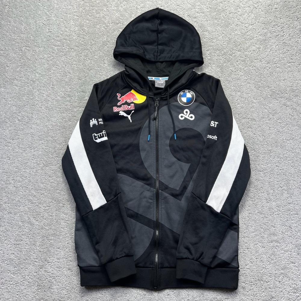 Puma Cloud9 Hoodie Mens Medium Black BMW Red Bull Esports Full Zip Gaming Sporty